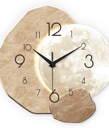 Modern Simple Silent Wall Clock, Moon Design - Quartz Movement, Wooden Material, for Bedroom, Living Room or Office Decoration