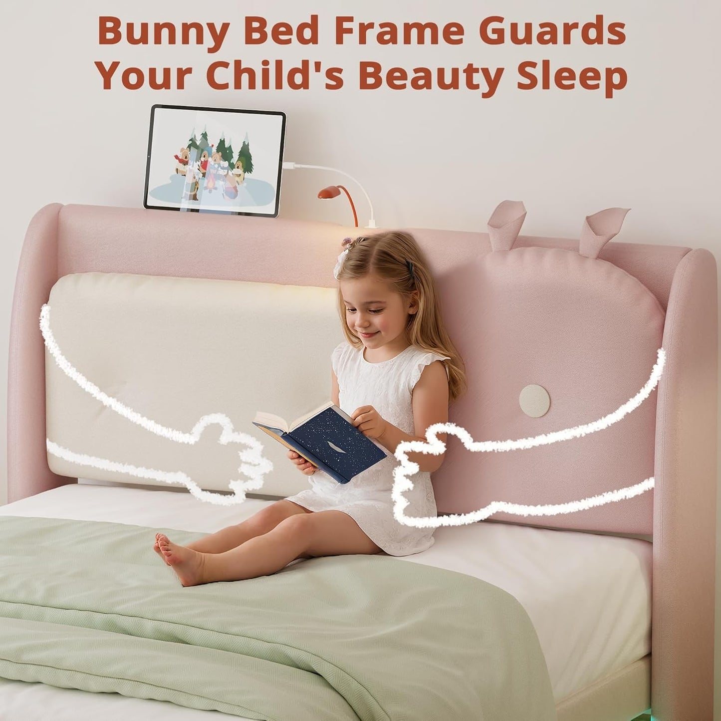 Twin Floating Bed Frame, Platform Bed Frame with Leather Upholstered Headboard, Charging Station & LED Light, Solid Wood