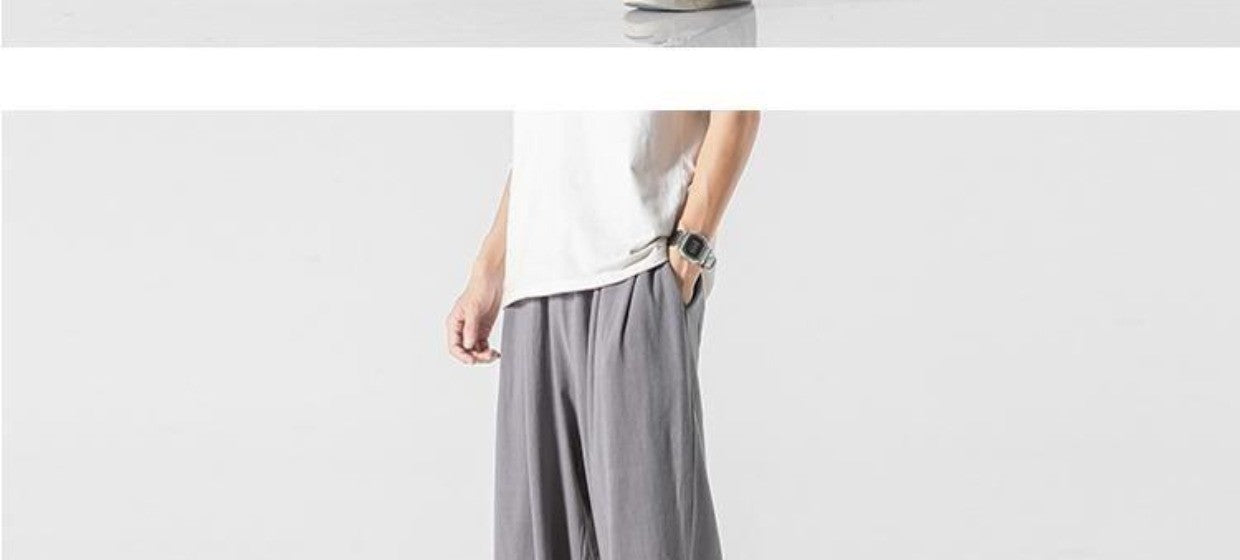 Summer Large Size Linen Cotton Wide Leg Pants Men Casual Comfortable Loose Fit Straight Leg Trousers Long Pants
