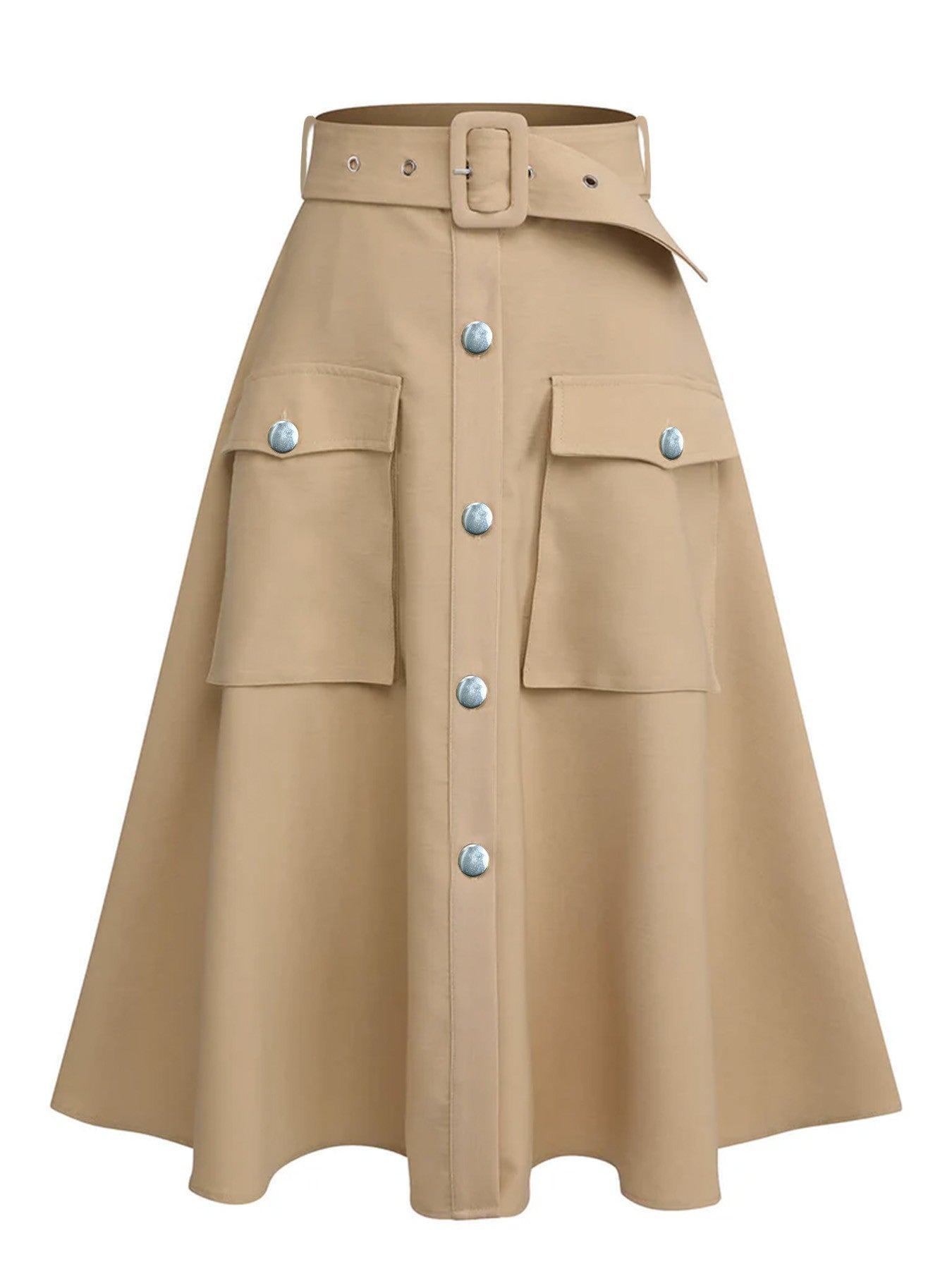 Plus Size Utility Cargo Midi Skirt Women's High Waist Belted A-Line Work Skirt with Pockets Free Shipping