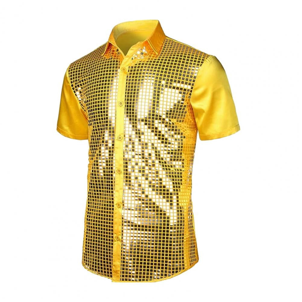 70s Shiny Surface Men Shirt Turn-down Collar Single-breasted Long Sleeves Buttons Cotton Shirt Club Party Disco Stage Show Shirt