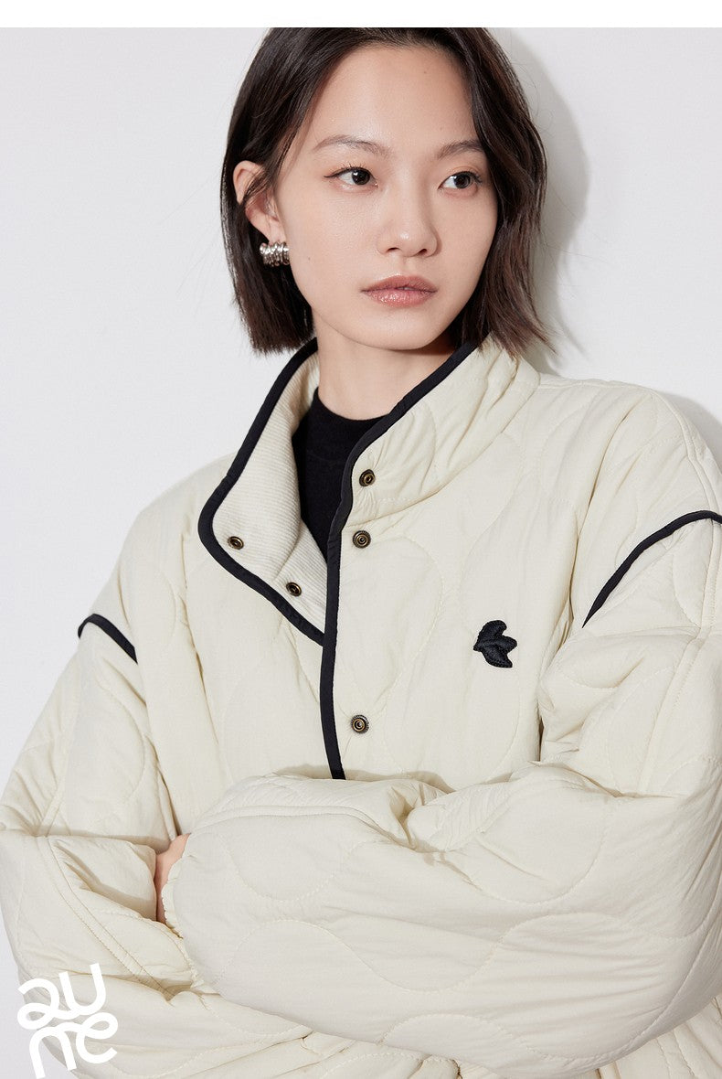 TOYOUTH Women Thick Cotton Coat 2024 Winter Long Sleeve Lapel Collar Contrasting Color Splicing Elegant Outwear Jacket Coat