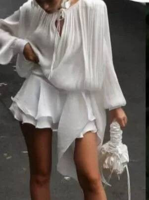 Beige Top Solid Blouse Mini Dresses For Women V Neck Long Sleeve Spliced Lace Up