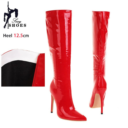 Elegant Ladies Long Boots 2024 Club Party Stiletto Heels Fashion Women Knee-High Boots Winter Short Plush Pointed Toe Red Shoes