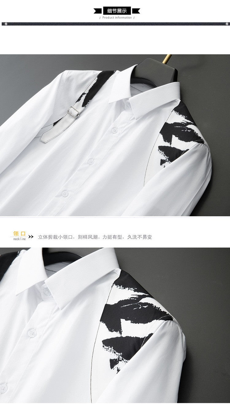 Metal Buckle Camouflage Shoulder Strap Splicing Shirt for Men High End Casual Business Men's Shirt Long Sleeve Social Streetwear
