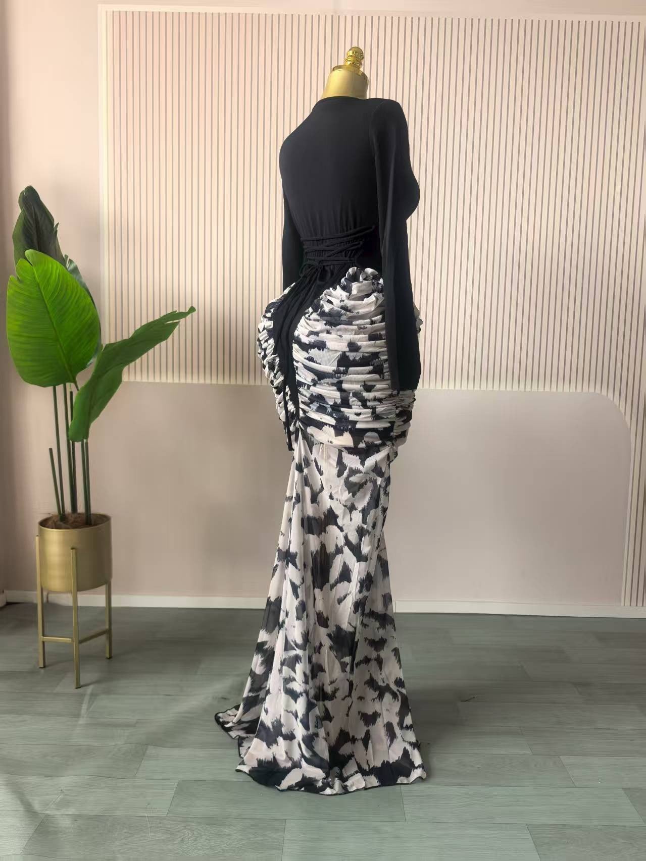 CM.YAYA Women Print Patchwork Stacked Ruched Long Sleeve Bodycon Midi Maxi Long