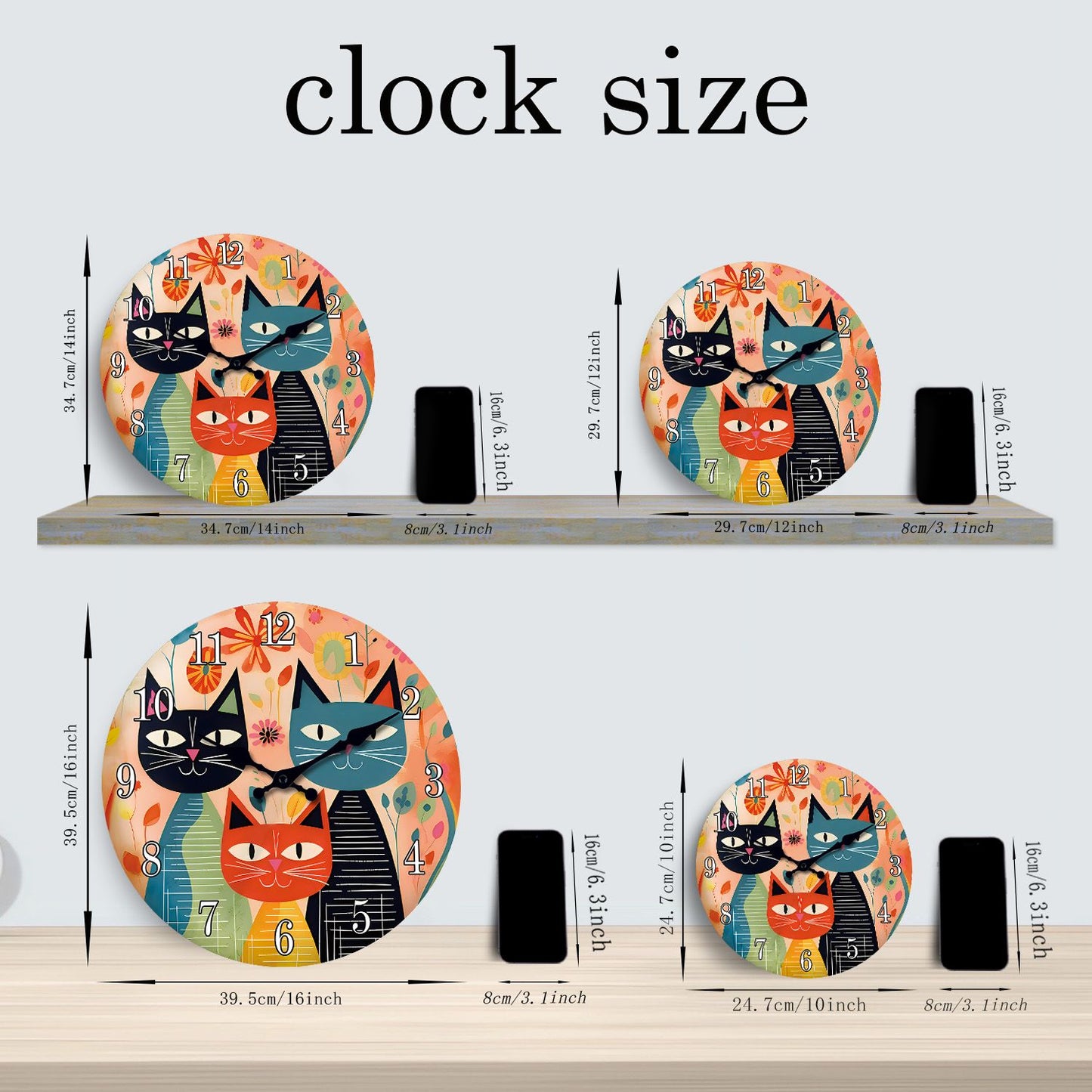 Retro Art Cute Cat Family Wooden Wall Clock Living Room Bedroom Kitchen Home Decoration Wall Clock Silent Quartz Clock Holiday Gift 10 Inch 12 Inch 14 Inch 16inch (No Battery)