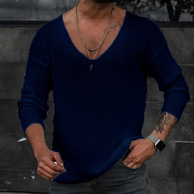 Men 2023 Spring V Neck Rib Bottoming T-shirts Pullover Autumn Long Sleeve Slim Fit Tees Tops Simple Casual Plain Thin Knit Shirt