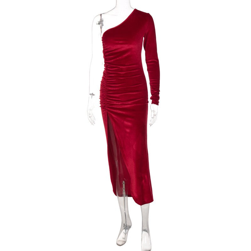 Women Elegant Long Sleeve Party Evening Velvet Bodycon Split Pencil Midi Dress S