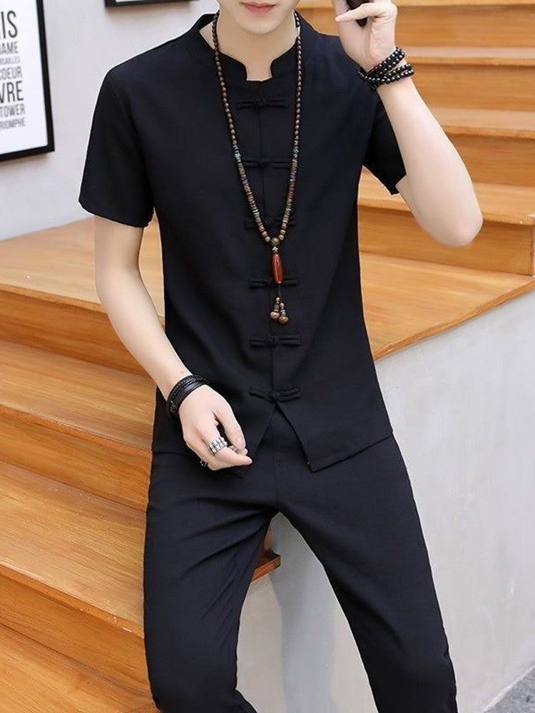 Summer New Fashion Solid Color Breathable Cotton and Linen Suit Men's Leisure Loose Sports Large Size High-Grade Two-Piece Set