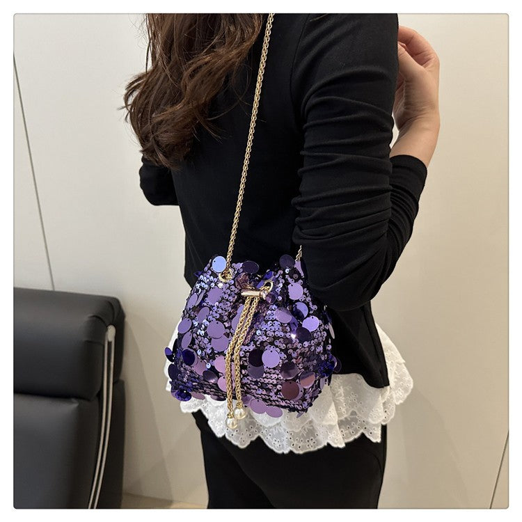 Sequin Chain Women's Portable Bucket Shoulder Bags Retro Ladies Dinner Party Clutch Purse Luxury Design Female Crossbody Bag
