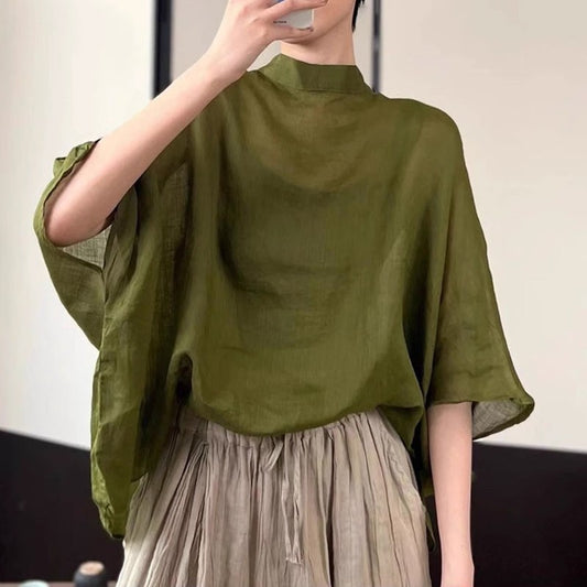 ZANZEA Women Bat Half Sleeve Blouse Summer Asymmetrical Tops 2024 Thin Stand Collar Tunic Casual Loose Transparent Tops Oversize
