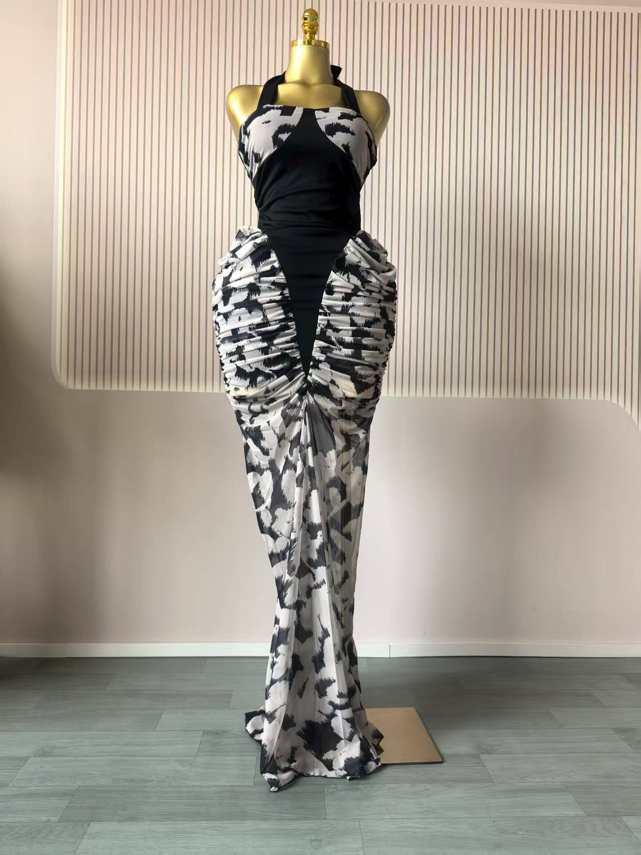 CM.YAYA Women Print Patchwork Stacked Ruched Long Sleeve Bodycon Midi Maxi Long