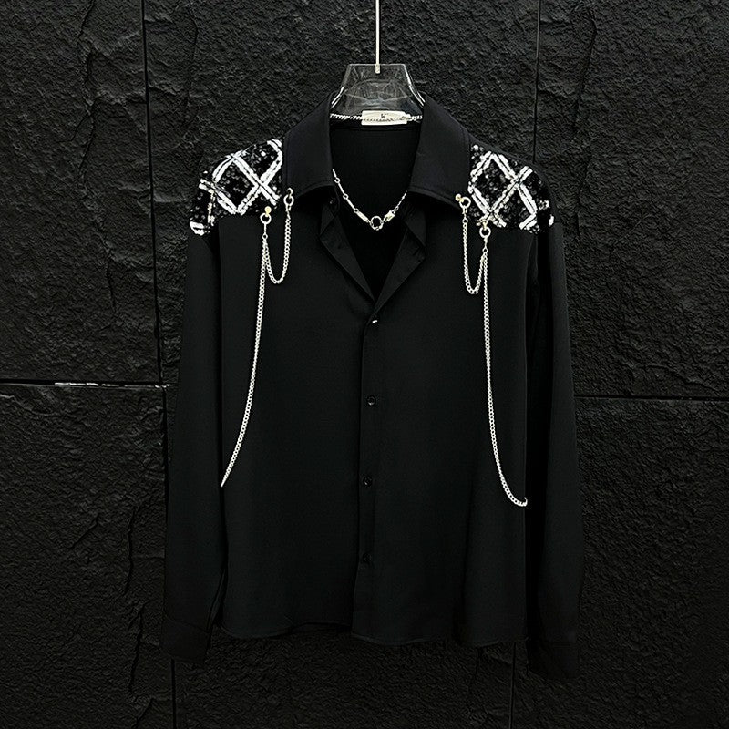 New high-end personalized metal chain design for men's long sleeved patchwork loose sequined shirt