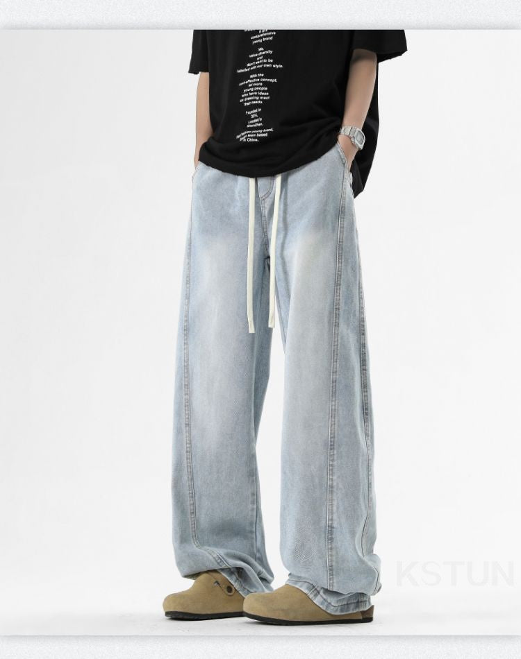 KSTUN Light Blue Jeans Men Straight Loose Mens Baggy Pants Elastic Wasit Wide Leg Jeans Vintage Washed Large Size Spring 2026