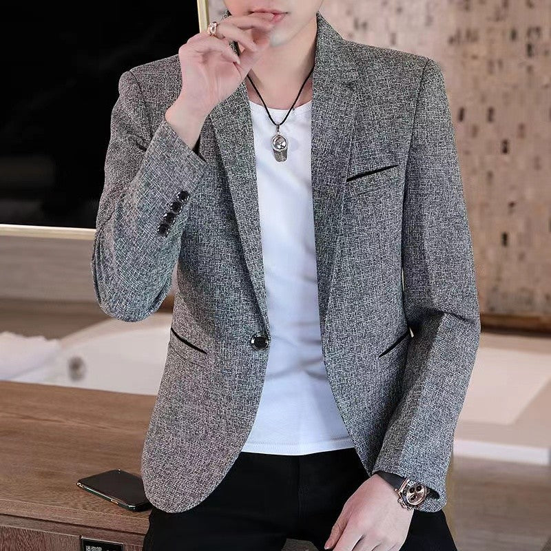 Men's casual plaid suit jacket, fashionable and versatile slim-fitting top, stylish plaid suit