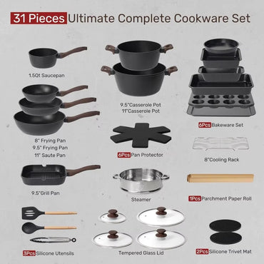 Pots and Pans Set Non Stick 31 Piece Kitchen Nonstick Cooking Cookware Sets with Grill Pan Saucepan Baking Sheet Utensil
