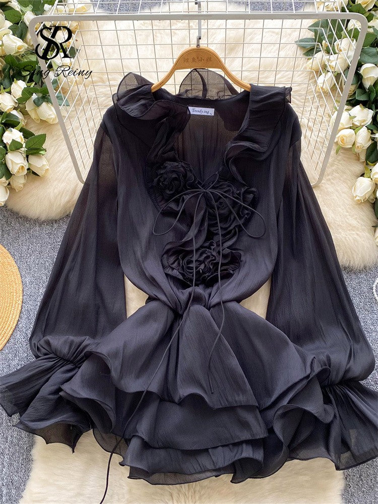 SINGREINY 3D Floral Beach Short Dress Female Long Sleeves Lace Up Ruffle Chiffon