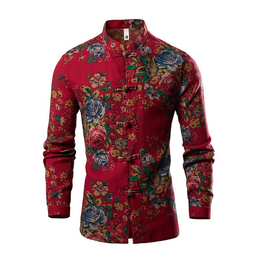 Chinese Style Men's Long-sleeved Printed Shirt, Single-breasted Stand-up Collar Shirts, Fashion Casual Top Camisas, Size M-6XL
