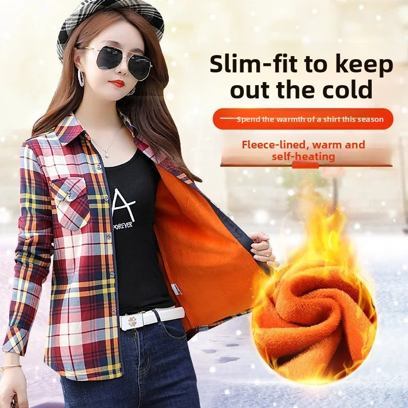 Thickened Fleece Women's Casual Shirt Korean Style All-Match Slim Fit Warm Plaid Elastic Large Size Button down Coat