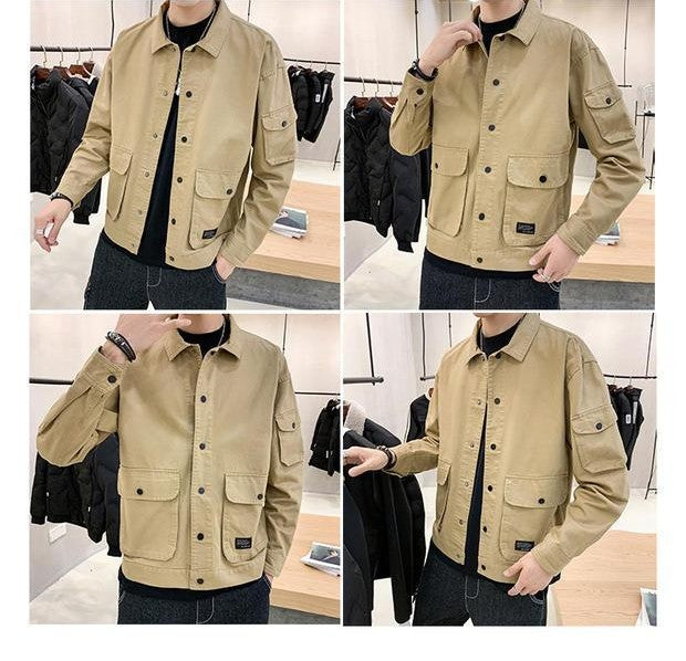 Men's Casual Jacket Spring Autumn Button Lapel Work Coat New Solid Color Multi-pocket Tops Men Fashion High Quality
