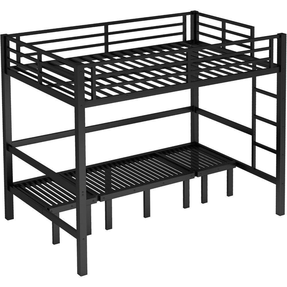 Over Full Bunk Bed with Guardrails, Convertible Metal Loft Bed with Sofa & Lower Bed, Full Size Bunk Beds Pull-Out