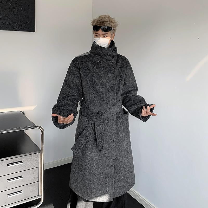 Men's Double-Breasted Wool Blend Overcoat with Belt Loose Fit Solid Color Stand Collar Mid-Length Trench Coat for Autumn Winter