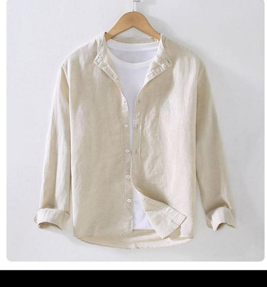 M-3XL Spring and Summer Stand Collar Plain Color Long-sleeve Vintage Men's Streetwear Single Breasted Linen Shirts