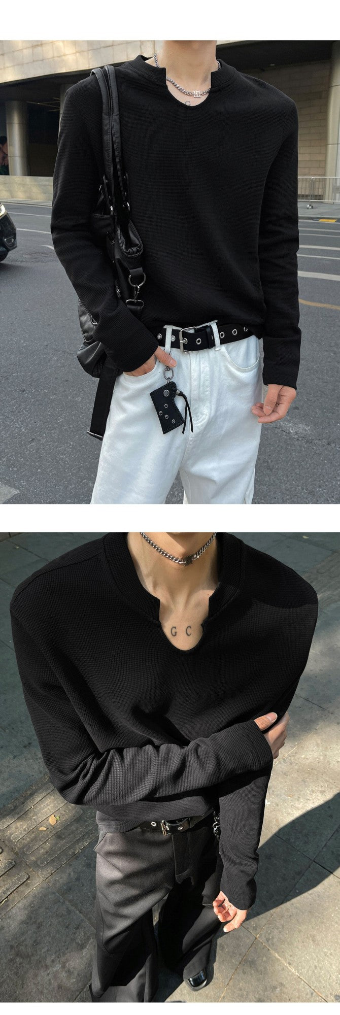 Mens Slim Fit Long Sleeve V-Neck T-Shirt Solid Color Spring  Casual Basic Top  Plain Tee Shirt Breathable Comfort Stretch Soft