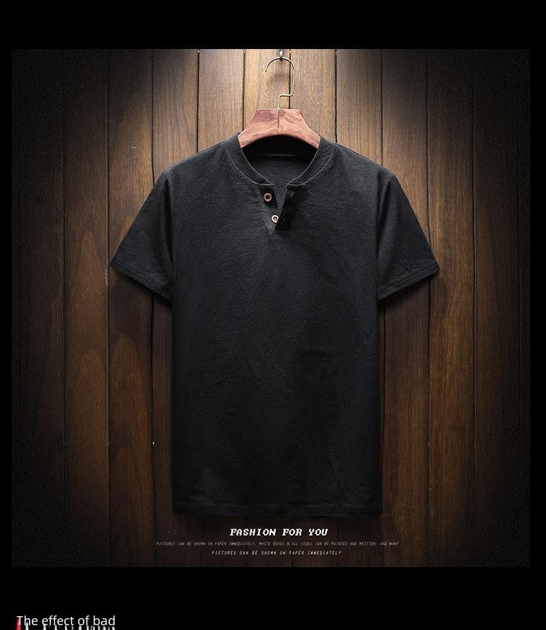 Men's Summer Loose-fit Short Sleeve Linen T-shirt Cotton Linen Body Solid Color Breathable V-neck Thin Top