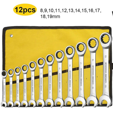 WEELEE Ratcheting Combination Wrench Set, Metric 6-19mm Auto Repair Key Wrenches,Spanner with Rolled Cloth Bags