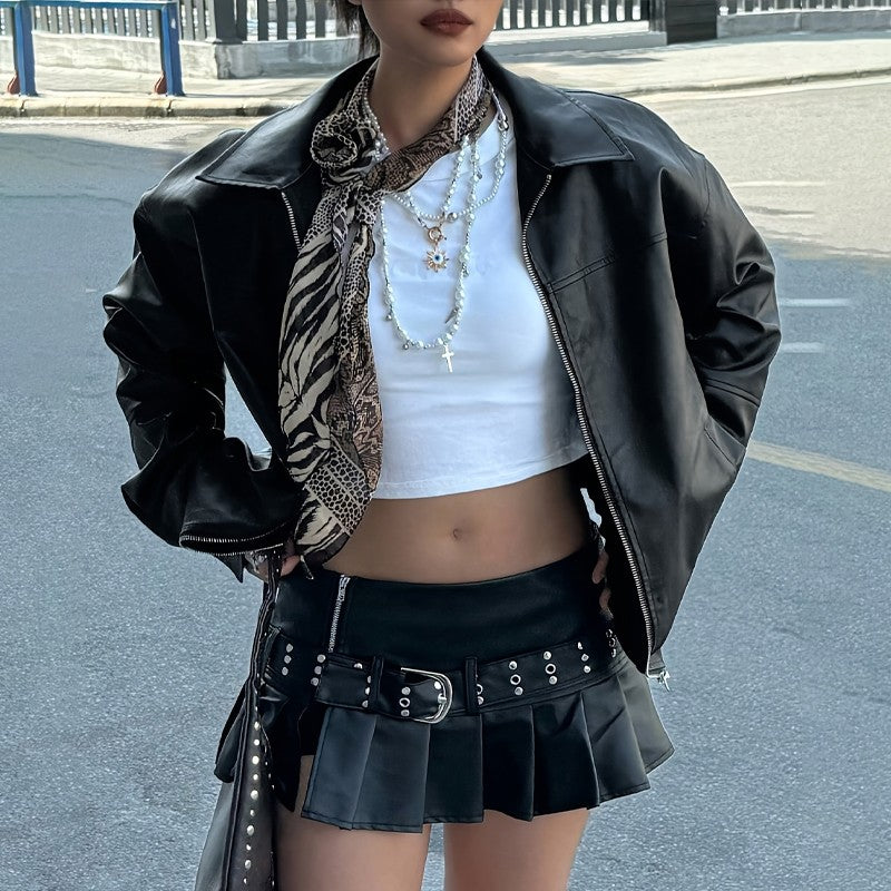 Autumn Women's Faux Leather Jackets 2025 Fall Long Sleeve Bomber Jacket Lapel Zip Up Motorcycle Coats Winter Clothing