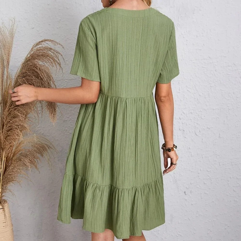 Women Summer Peplum Dresses Spring V-Neck Short Sleeve Loose Waist Ruffle Fit Fl