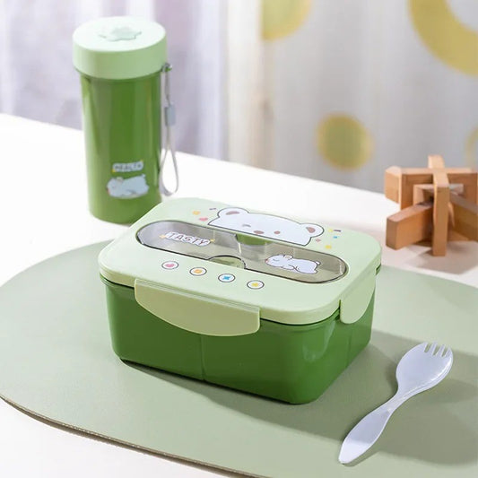 Conjunto de Copo Lancheira Infantil de Plástico Portátil 1200ML com Garfo e Lancheira Infantil com Copo de Água, Recipiente para Armazenamento de Alimentos