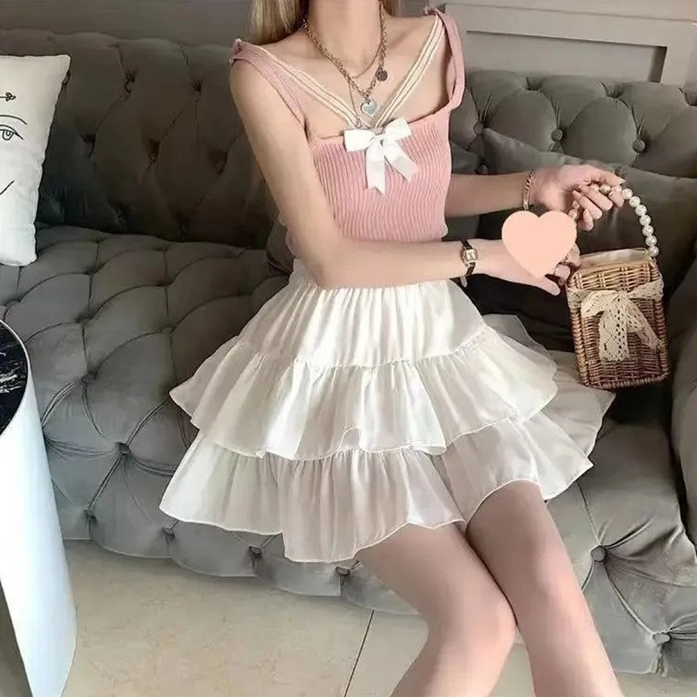 Pleated A-line Skirt White Women Ruffles Sweet Hottie Preppy Style Elastic Elast