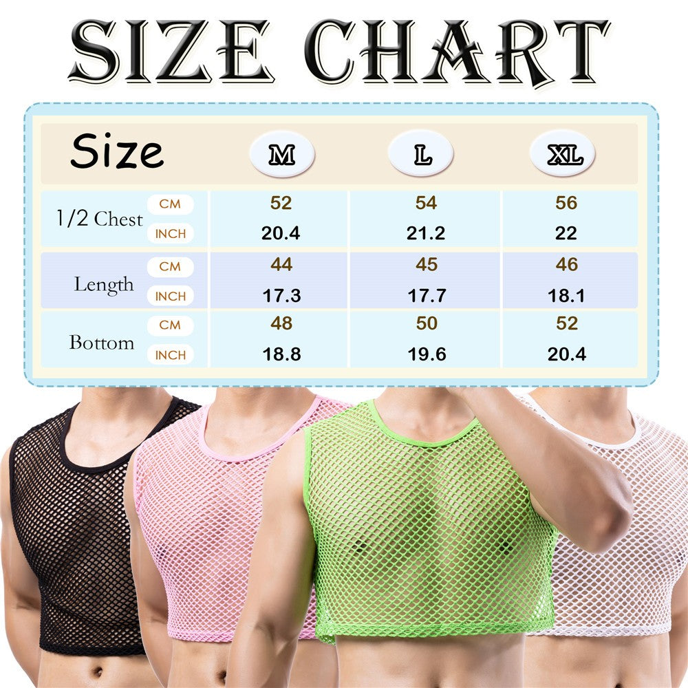 Mens Transparent Fishnet Crop Top Sexy Mesh Hollow Out Tank Tops Gym Fitness Sleeveless Undershirts T-shirts Nightclub Mini Vest