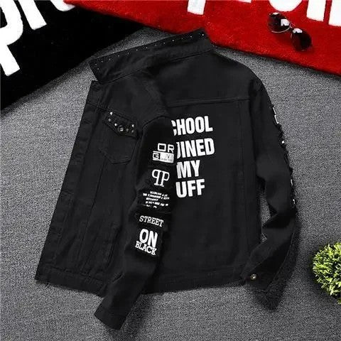 Jeans Coat for Men Hip Hop with Print Ripped Button Black Hole Denim Jackets Man Size L Large Lxury Worn Cowgirl Fast Delvery G