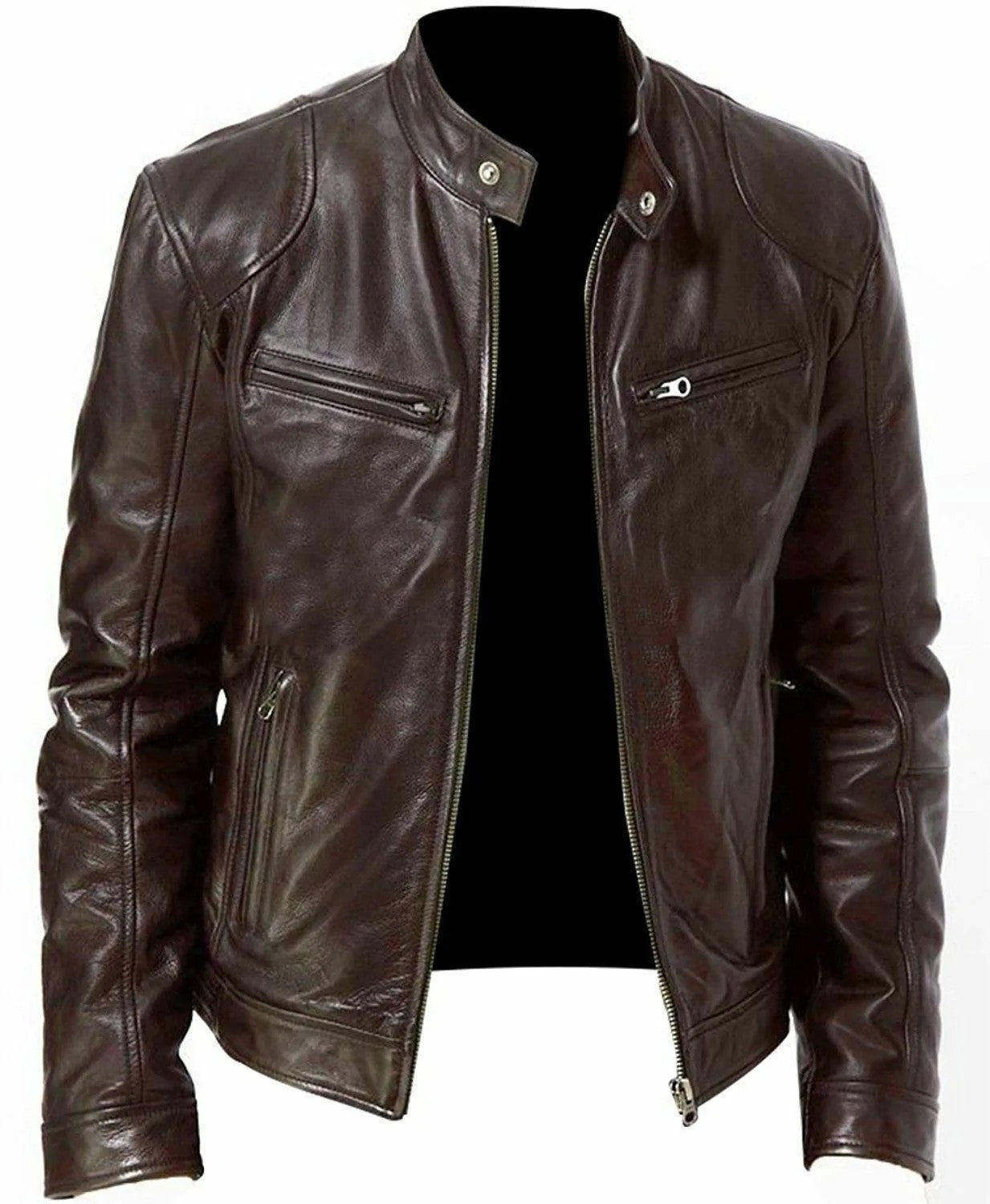 Male Leather Jacket Cafe Racer Slim Fit Retro Faux Leather Brand Men's Jackets Fashion Motorcycle Leather Coat Men's Clothing