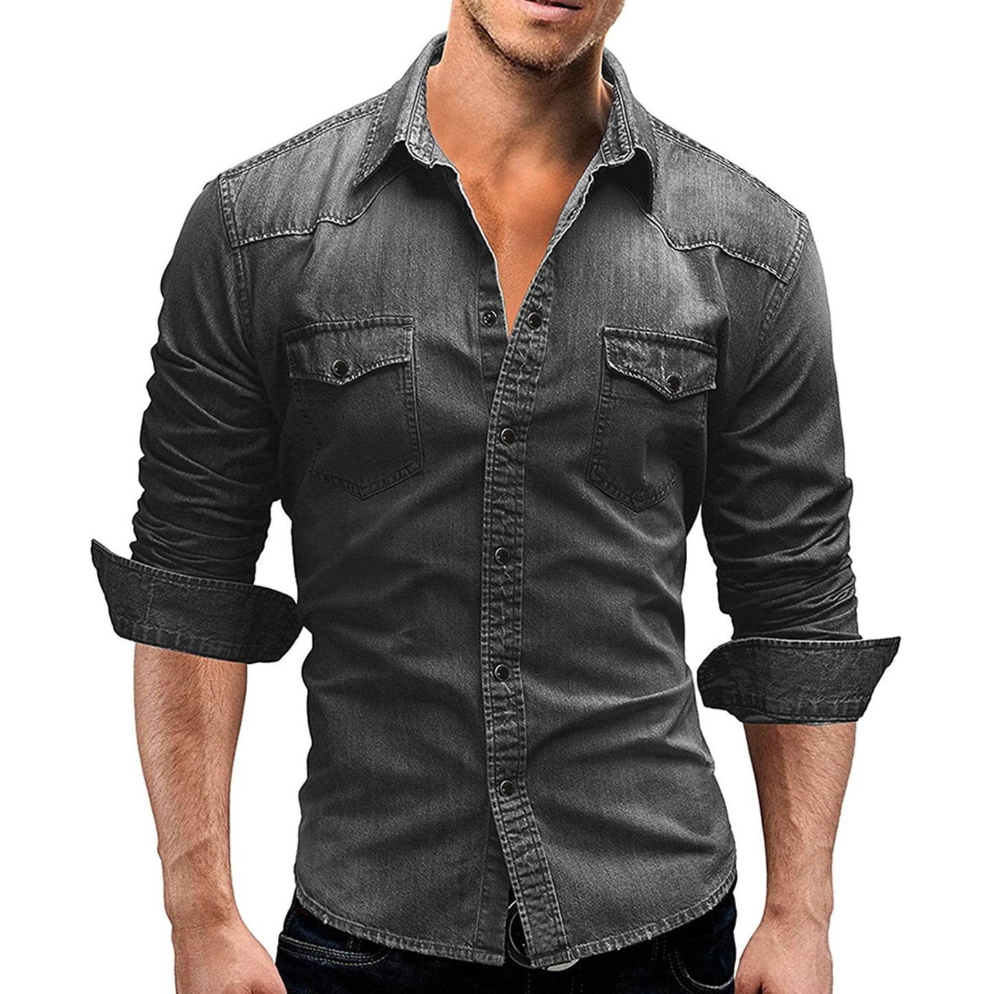 2024 Men's Spring Autumn Casual Shirts Solid Color Long Sleeve Lapel Denim Tops Button Shirts for Party
