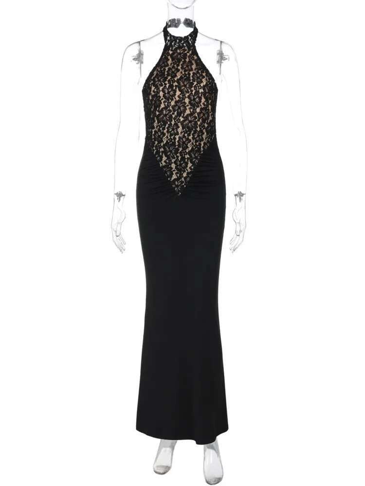 Mozision Lace Halter Backless Sexy Maxi Dress For Women Black Off-shoulder Strap
