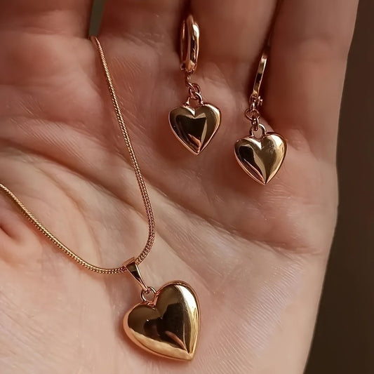 Glossy Gold Plated Metal Love Heart Dangle Earrings Necklace Jewelry Set for Women Simple Dainty Daily Wear Outfit Accessories