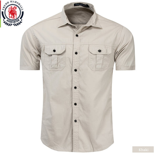 Fredd Marshall New Mens Military Shirt Men Short Sleeve Cargo Shirts 100% Cotton Casual Solid Shirt Male Pocket Work Shirt 55889