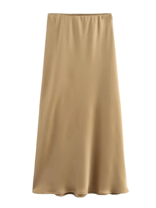 XNWMNZ Women's Fashion 2023 Flowing Satin Midi Skirt Women Vintage Elastic High