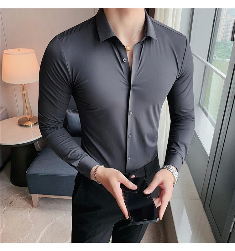 Men's Long Sleeved Elastic Shirt No Ironing Business Wear Professional Workwear Stand Up Collar Shirt Casual Solid Color Shirt