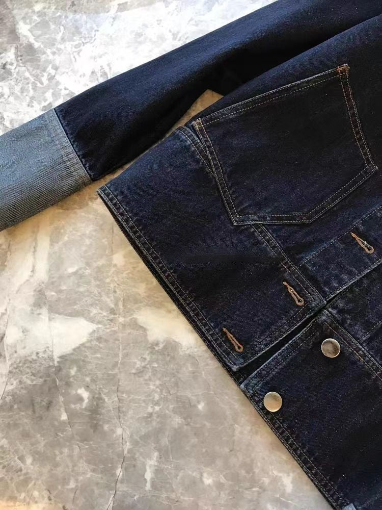Retro Contrasting Color Laple Denim Jacket for Women 2024 Autumn New Loose Single-breasted Coats Casual Versatile Short Top