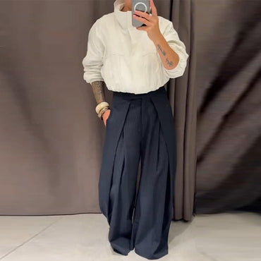 Casual Striped Loose Pants Women High Waist Pleated Straight Long Wide Leg Trousers Female 2025 Fashion Autumn Lady Bottoms