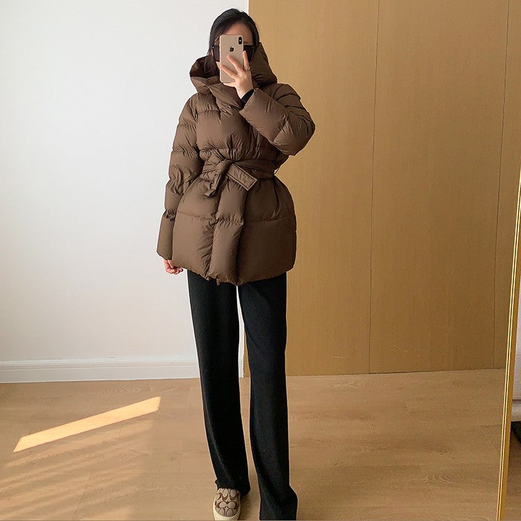 2025 Winter Women's Down Jackets Ultra Light Warm Cusual Coat Female Puffer Jacket With Belt Plus Size Hooded Short Parka