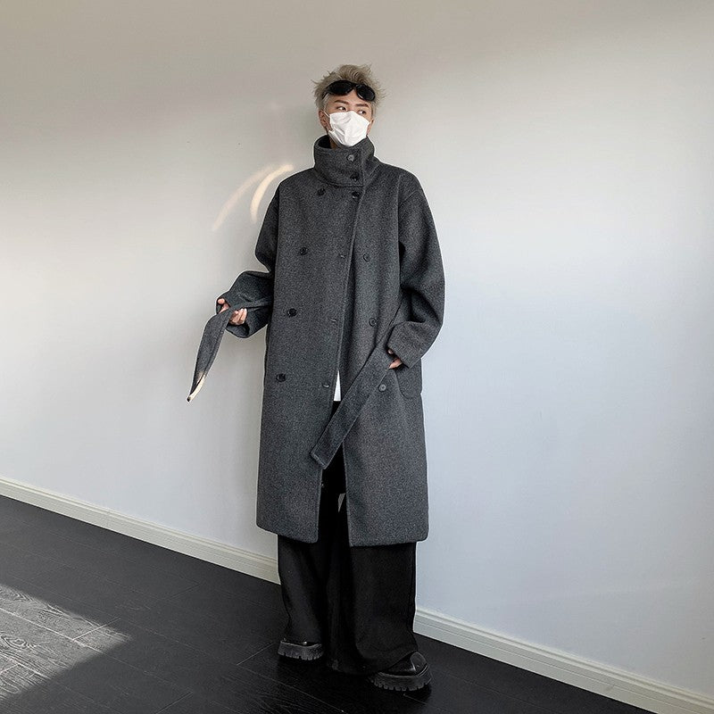 Men's Double-Breasted Wool Blend Overcoat with Belt Loose Fit Solid Color Stand Collar Mid-Length Trench Coat for Autumn Winter