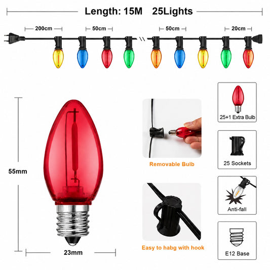 Multicolor Outdoor String Lights 25ft 65ft Plastic Shatterproof C7 Garland RGB Fairy Light Chain For Backyard Garden Decoration