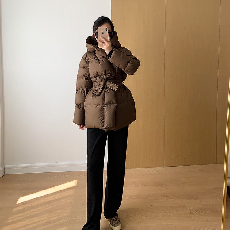 2025 Winter Women's Down Jackets Ultra Light Warm Cusual Coat Female Puffer Jacket With Belt Plus Size Hooded Short Parka